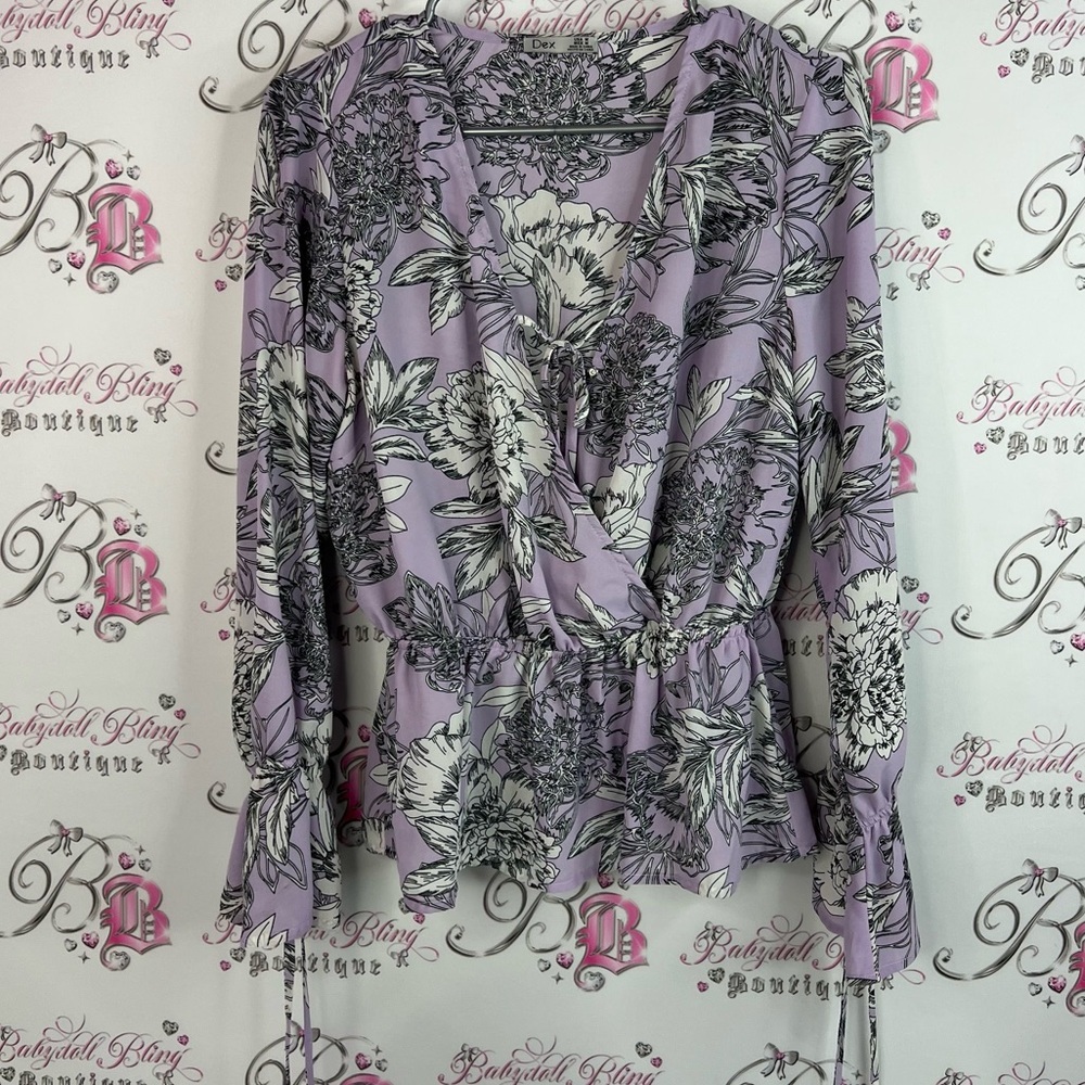 Dex long sleeve blouse white black Lavender Floral flowers smocked Wrap Blouse